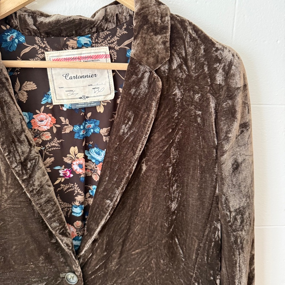 Anthropologie Cartonnier | Crushed Velvet Olive Green Blazer | Size 10 - Picture 2 of 7